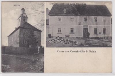 904166 multi-picture postcard greeting from Grosskröbitz near Kahla restaurant, church 1917