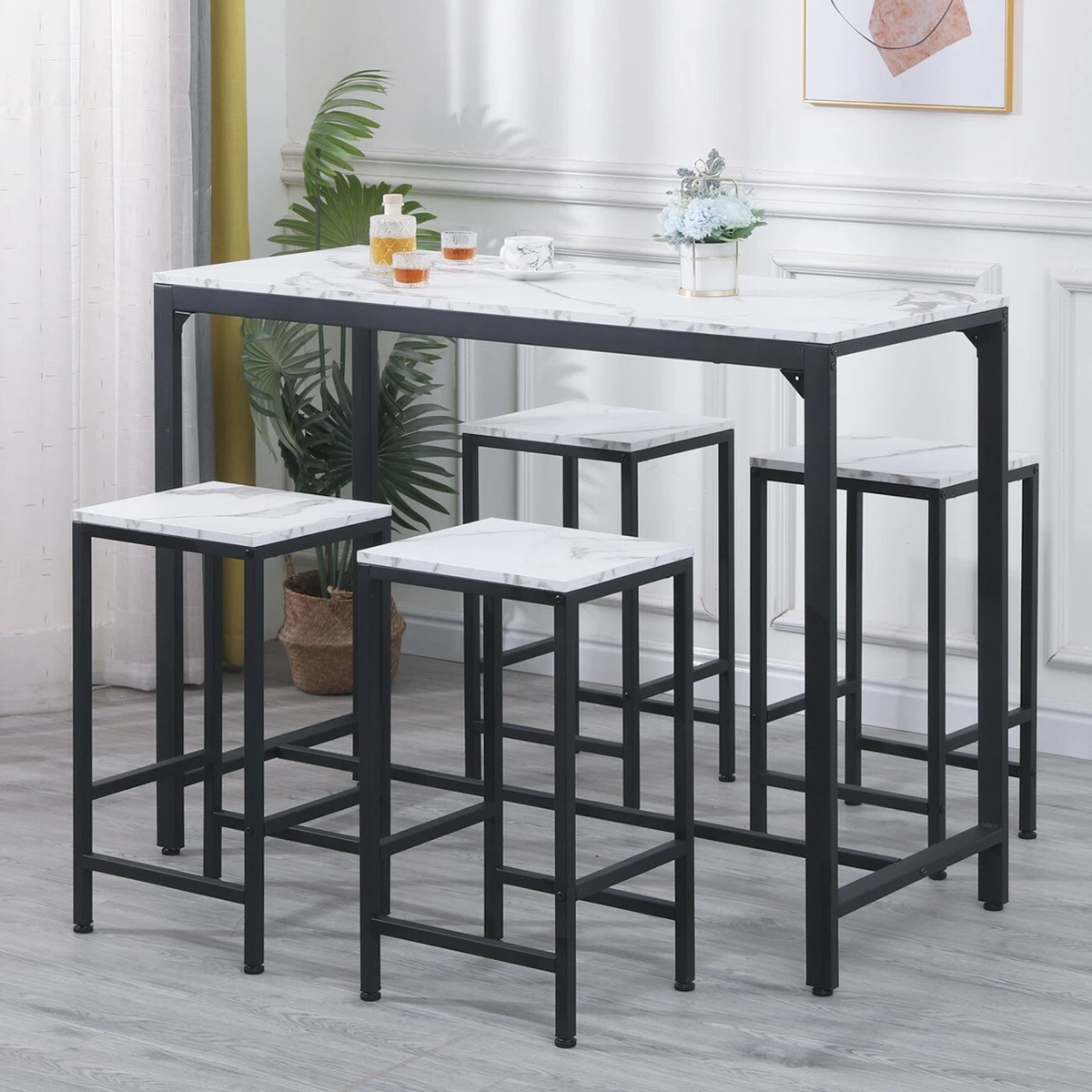 5Pcs White Marble Bar Table 4 Stools Breakfast Kitchen Dining