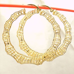 Authentic 1 3/4" Technibond Filigree Bamboo Hoop Earrings 14K Yellow Gold Plated Silver