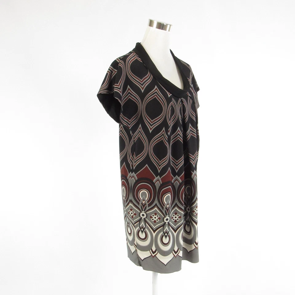 Black gray geometric 100% silk TIBI short sleeve shift dress 6 - Image 3 of 4