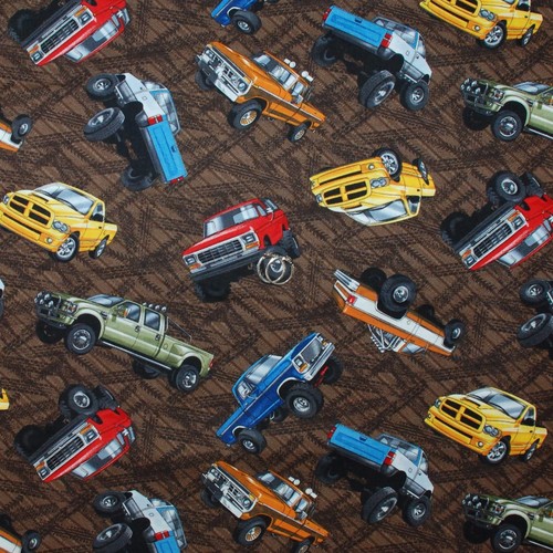 BonEful Tela FQ Algodón Edredón Marrón NEUMÁTICO GRANDE Monster Truck Bud Track Coche de Carreras L - Imagen 1 de 8