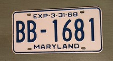 Vintage Maryland License Plate Boumi Temple Series BB - 1681 EXP 03/31/68 MINT