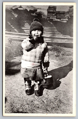 Greenland Native Intuit Eskimo Girl-Tea Kettle-Vintage RPPC Real Photo Postcard