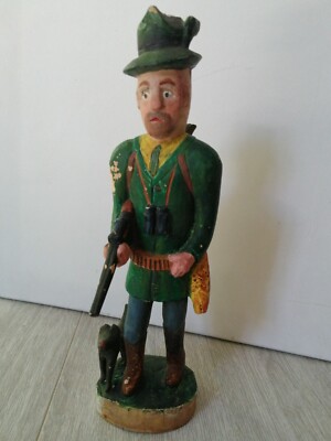 Hunter and his dog.Vintage naive wooden sculpture. cca1950?