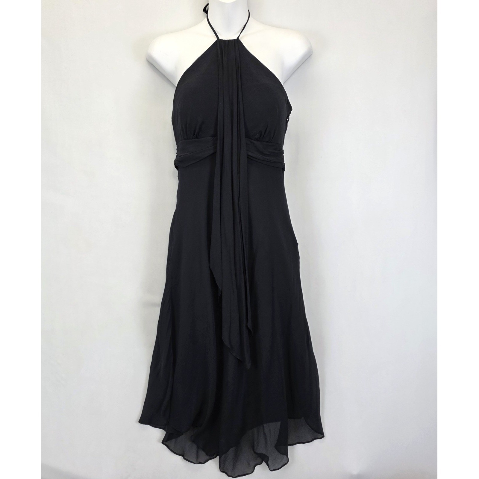 Sangria Black Silk Dress Women 8 Halter Midi Open Back Cocktail Evening Fairy