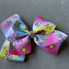 Girls Hair Bow Alligator Clip Rainbows And Unicorns Rhinestones NWOT