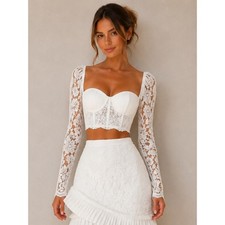 Naked Wardrobe White Lace Sequin Crop Top Size Small Long Sleeve Bustier Corset