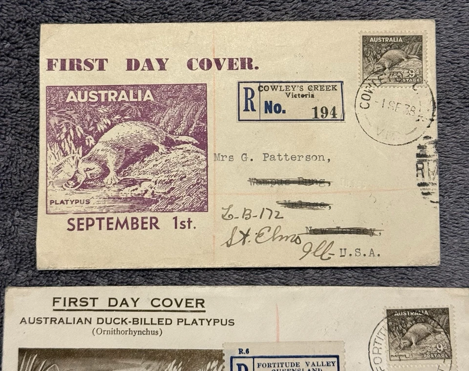1937–38 Australia Registered FDC Lot 3x Kookaburra Platypus KGVI to USA Postal - Image 4 of 4