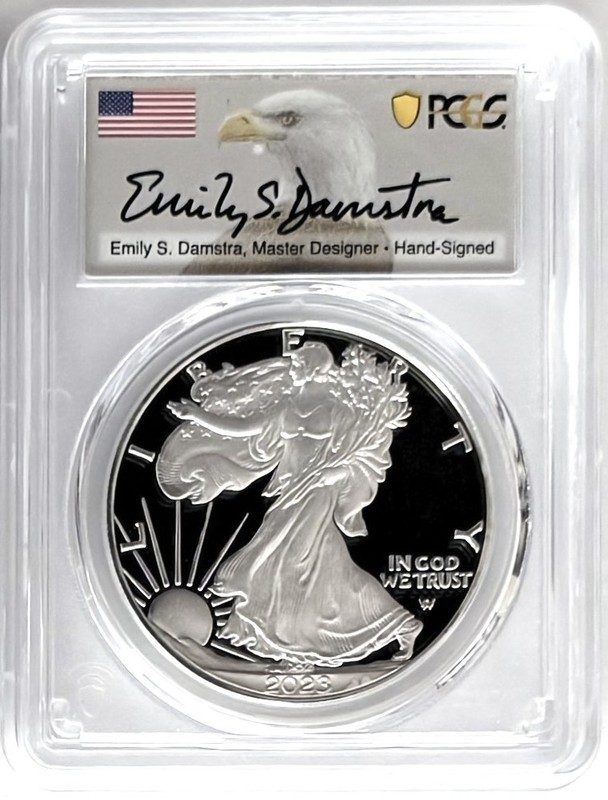 2023 W PROOF SILVER EAGLE ADVANCED RELEASE PCGS PR70 EMILY DAMSTRA EAGLE FLAG