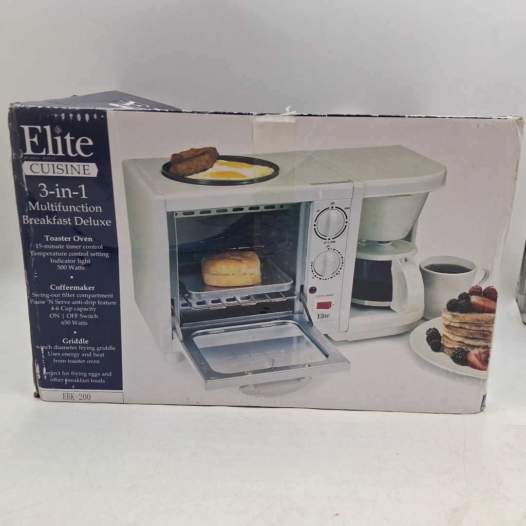 Elite Cuisine 3 in 1 Multifunction Toaster Oven Coffee Maker Griddle EBK-200
Opens in a new window o
