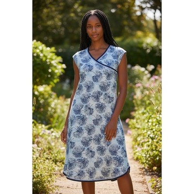 Garnet Hill Green Cotton Womens XS Wrap-Front Midi Gown Blue Floral preppy