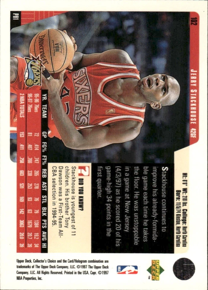 1997-98 Collector's Choice #102 Jerry Stackhouse [GOATCARDS] - Image 2 of 2