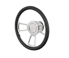 14" 9-Bolt Chrome Steering Wheel Black Leather Half Wrap W/Horn Button Adapter