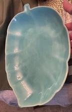 Vintage MCM Los Angeles Pottery  Light  Blue Leaf Platter 10" Gloss