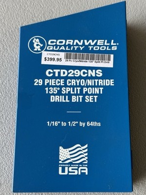 CORNWELL 29 PIECE CRYO/NITRIDE DRILL BIT SET.   1/16  to 1/2  by 64ths. CTD29CNS