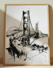 GOLDEN GATE BRIDGE SAN FRANCISCO INK DRAWING PRINT SKETCH 8" x 10" CALIFORNIA