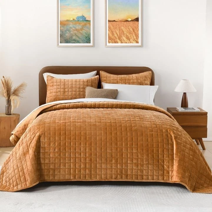 Velvet Quilt Queen, Soft Luxury Plaid Bedding Set, Lightweight Bedspread Cove... - Image 2 of 4