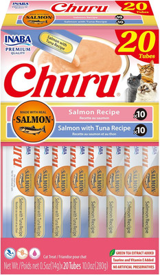 Salmon Churu Cat Treats, Lickable, Squeezable Creamy Purée Cat Treat with Green