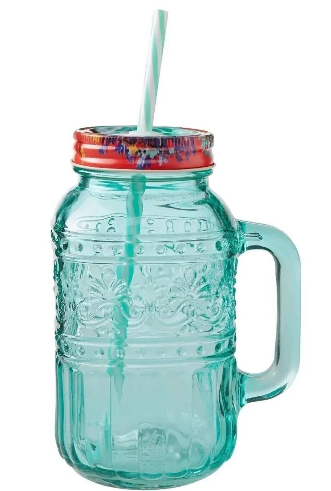 Pioneer Woman Cassie Mason Jar Drinking Glass Lid Straw Teal Handle 32 oz NEW