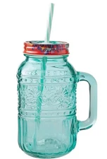 Pioneer Woman Cassie Mason Jar Drinking Glass Lid Straw Teal Handle 32 oz NEW