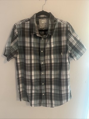QUICKSILVER Men s Cotton Blend Green/Gray/Black Plaid Short Sleeve Button Down L