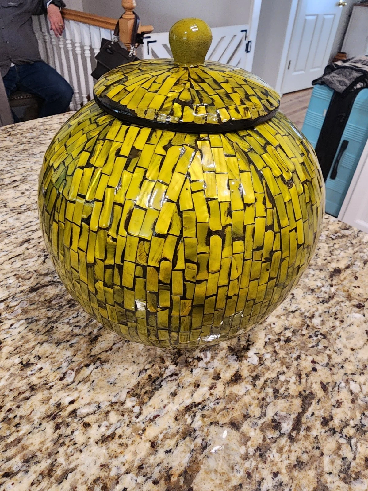 Mosaic Green Mother of Pearl Jar Canister Storage Decor With Lid 11” Tall