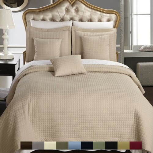4-6 Piece Luxury Checkered Quilted Coverlet Set Oversized Bedspread Set - Picture 1 of 10