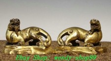 Old Dynasty Bronze Ware 24 K Gold Dragon Pixiu  Brave troops Animal Statue Pair