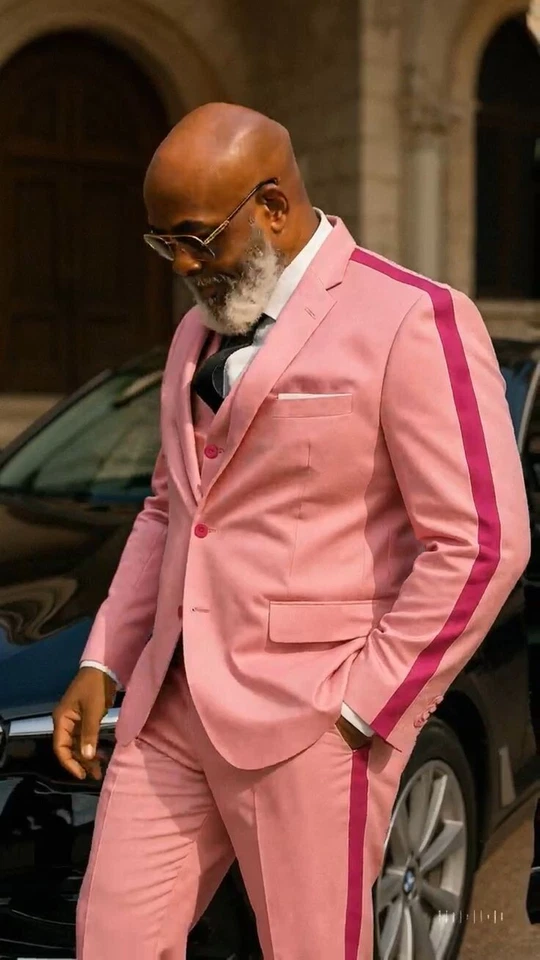 Pink Fashion Men's Suits Splicing Color Tuxedos Party Wedding Groom Blazer Pants - Image 3 of 4