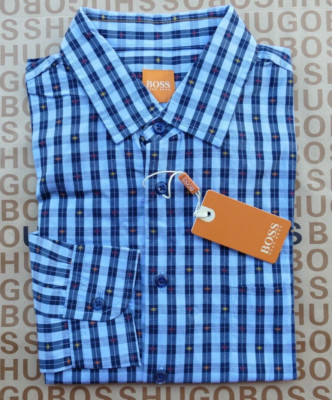 Neu Hugo Boss Herren blau kariert schmal Langarm Freizeit Smart Suit Shirt MEDIUM