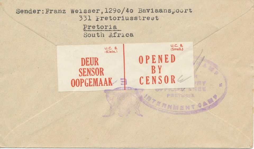 SOUTH AFRICA 1943 Prisoner of War Mail cover from the Internment Camp, Pretoria - Image 2 of 2