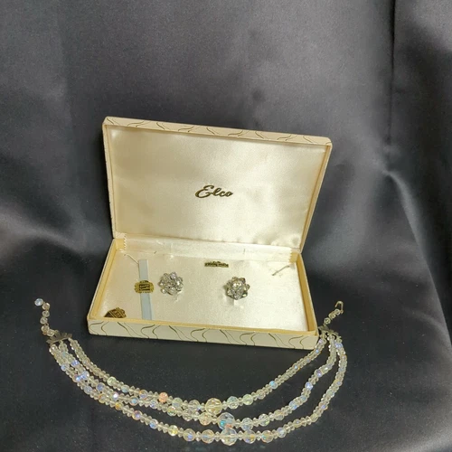 Vintage Elco Aurora Borealis Crystal Necklace Clip-on Earrings Set Triple Strand