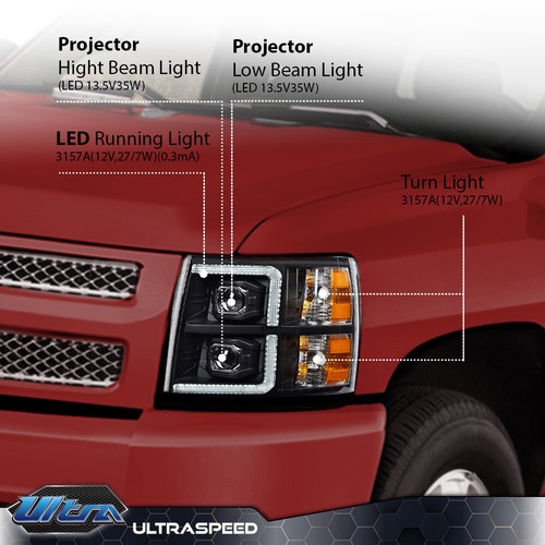 Fit For 2007-2013 Chevy Silverado Dual LED DRL Strip Projector Black Headlights - Picture 2 of 9