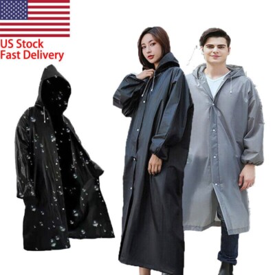 Men Black Waterproof Long Raincoat Rain Coat Hooded Trench Jacket Outdoor Hiking