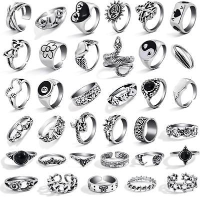 26-35 Pcs Vintage Silver Knuckle Rings Set for Women Men, Grunge