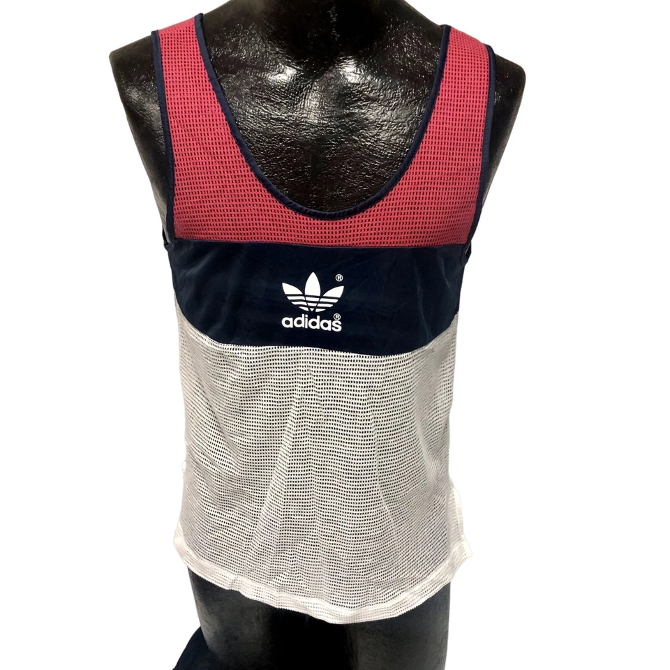 Vtg 70 80's Adidas USA TREFOIL Logo Mesh Tank Top SPELLOUT Nylon Jersey M Retro - Image 2 of 4