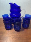 Louie Glass Co. Harpo Cobalt Blue Depression Glass Pitcher & 5 Tumblers MCM