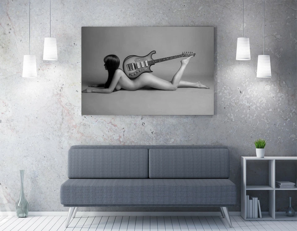 NUDE WOMAN GUITAR -DEEP FRAMED CANVAS WALL ART PICTURE PAPER PRINT-BLACK & WHITE - Image 2 of 4