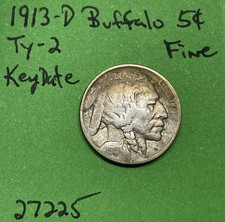 1913-D Type-2 Buffalo 🦬 Indian Head Nickel 5c Piece Choice Fine Key Date