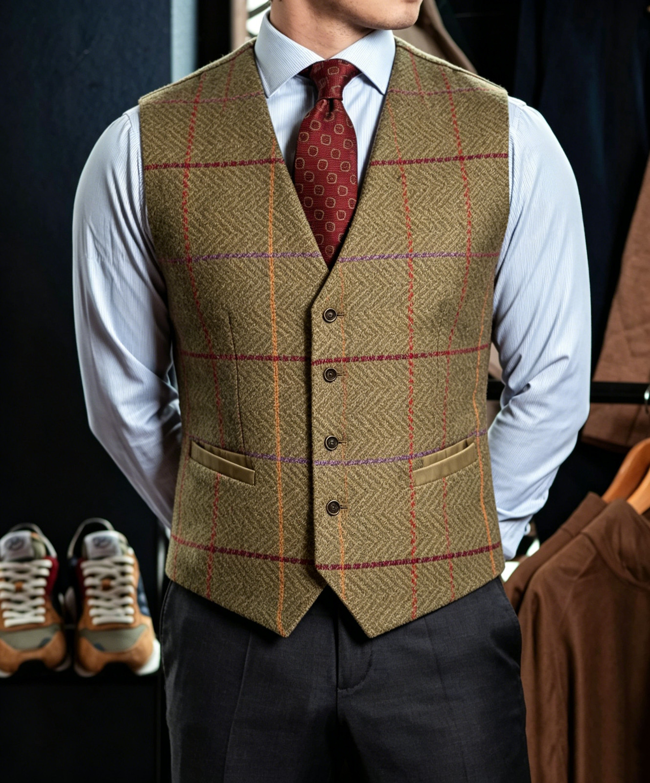 Check Tweed Men Waistcoat Herringbone Single Breasted Formal Wool Suit Vest image 2