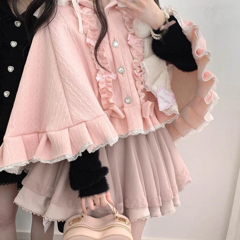 Sweet Winter Warm Lolita Mori Girls Loose Cloak Cape Coats Hooded Jackets Cute - Image 4 of 4