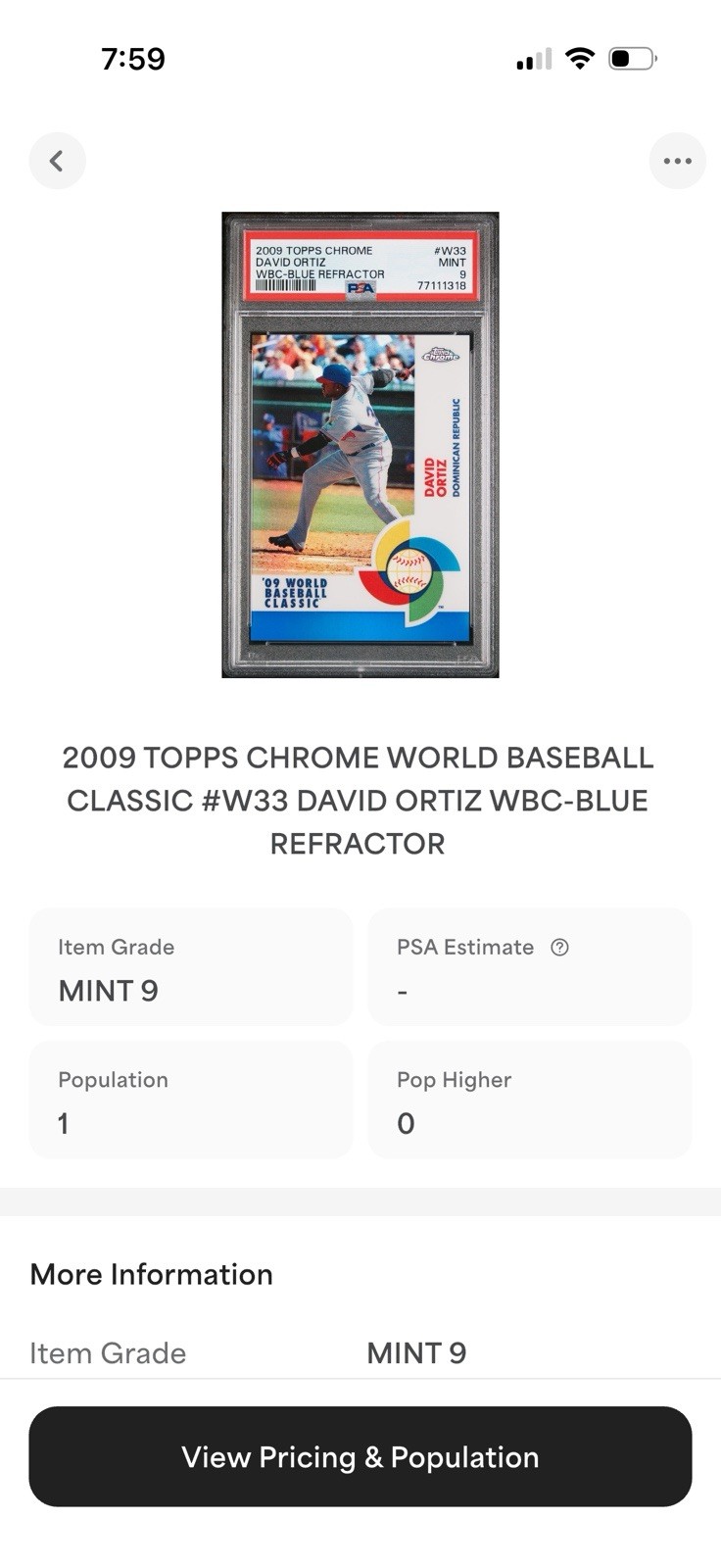 2009 Topps Chrome  WBC David Ortiz #W33 Blue Refractor 38/199 PSA 9 POP 1  view 4