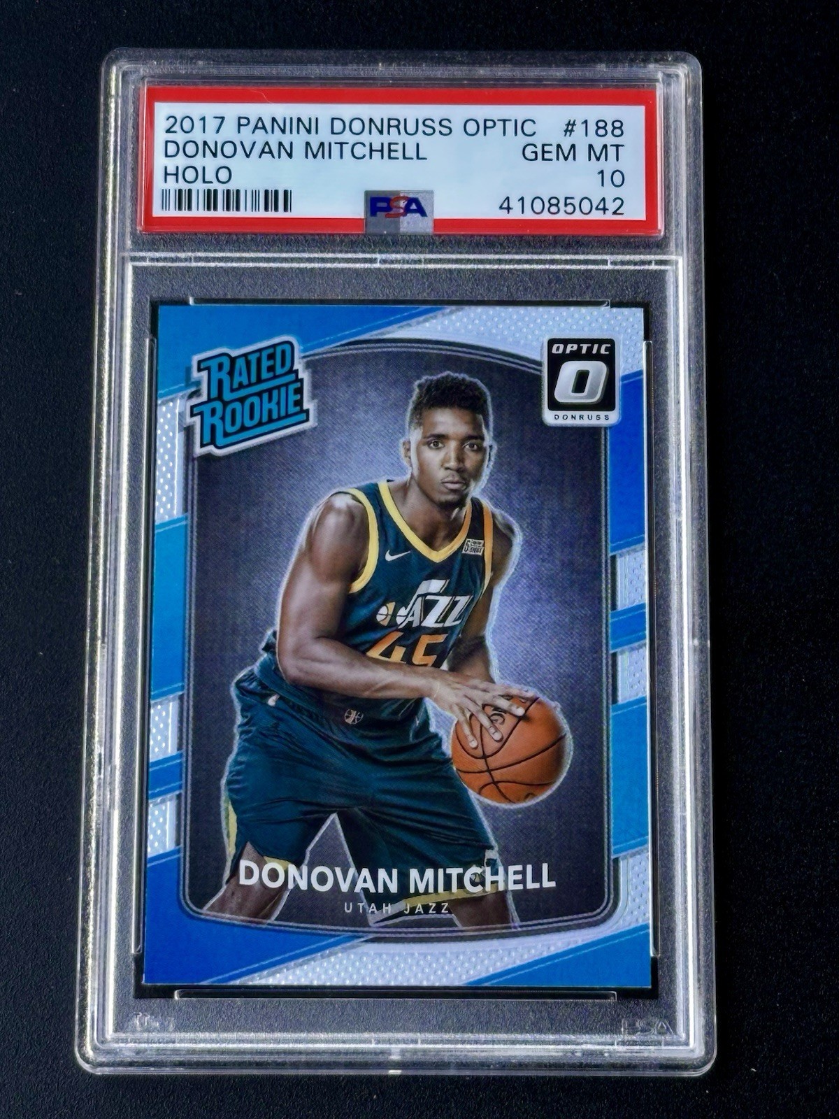 DONOVAN MITCHELL 2017-18 DONRUSS OPTIC ROOKIE HOLO PRIZM BASKETBALL #188 PSA 10