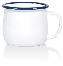 Set of 4 Enamelware Metal 13.5 Oz Round Camping Mugs with Handle, White/Blue Rim