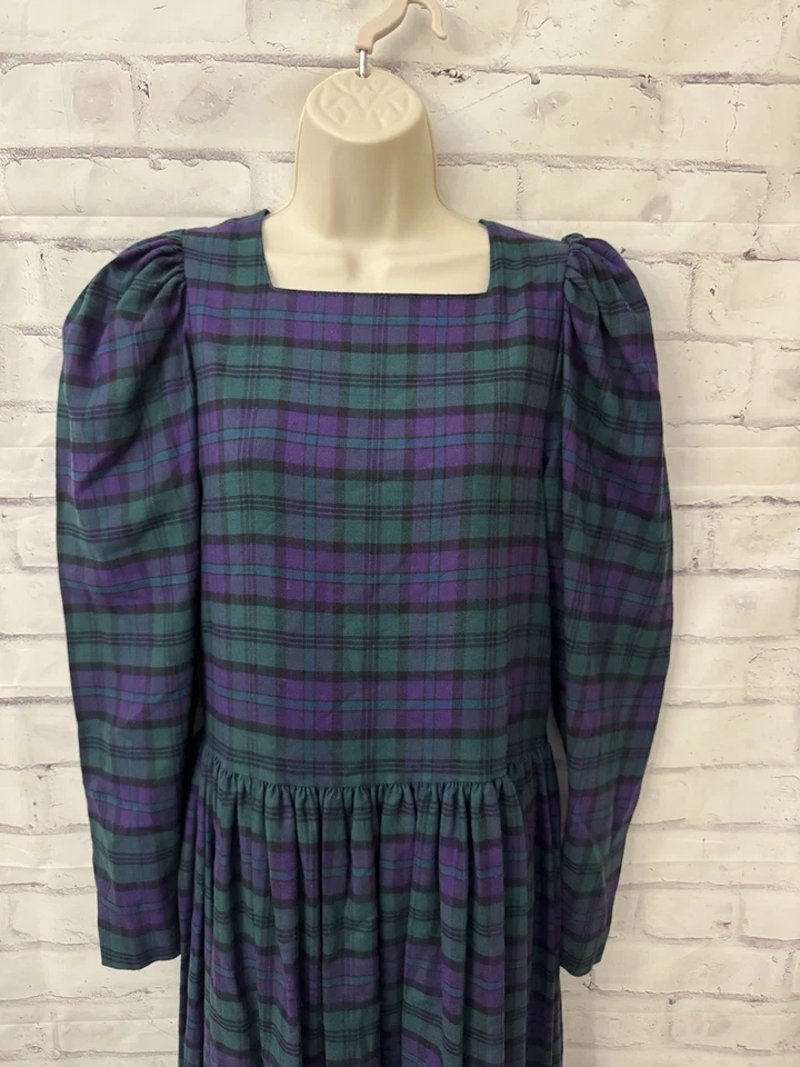 Laura Ashley Size 10 Vintage 80’s Plaid Wool Maxi Dress Green Purple Tartan - Image 2 of 4