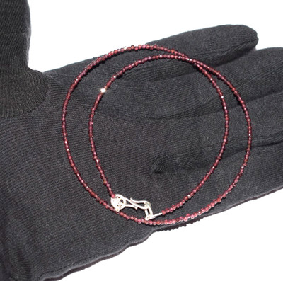 Natural Red Garnet 2 mm Bead Necklace 17'' Inch String 925 Sterling Silver