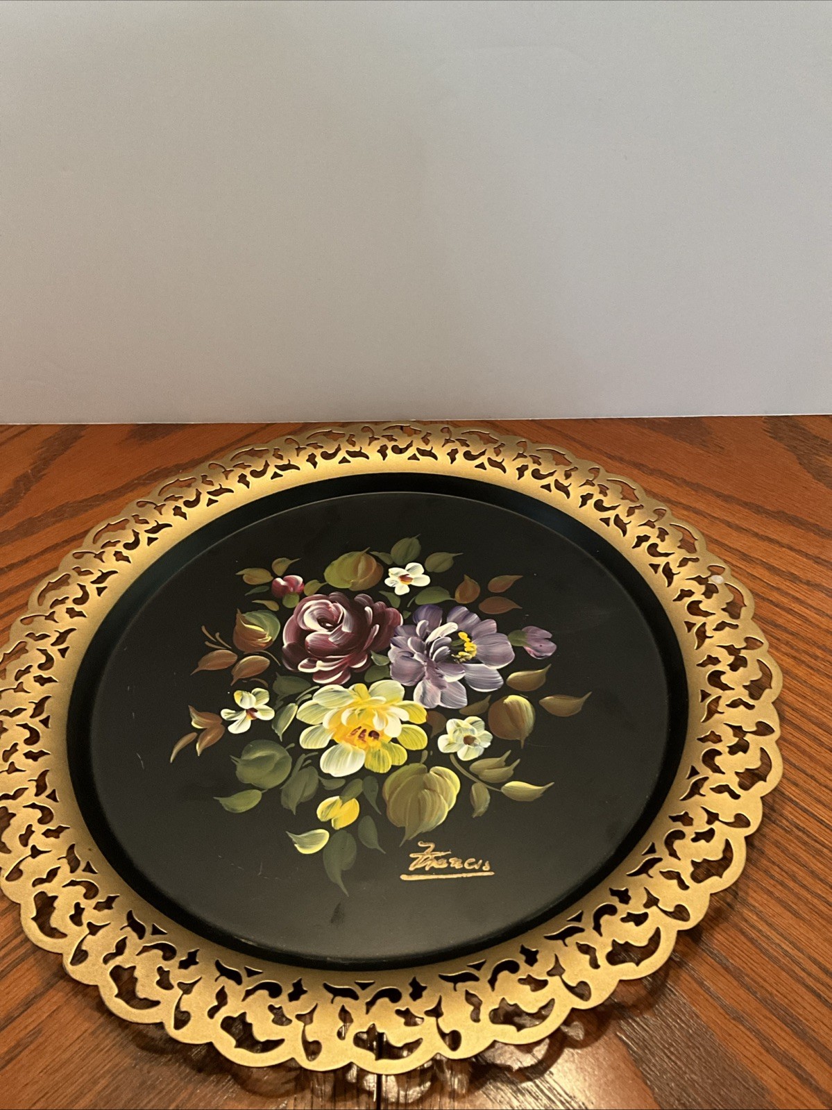 Vintage Nashco Toleware 12” Round Tray-Hand Painted Signed Reticulated Edge