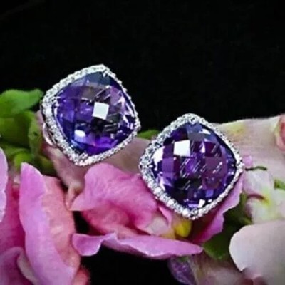 5 Ct Certified Cushion Cut Natural Purple Diamond Studs VVS1 White Gold Finish