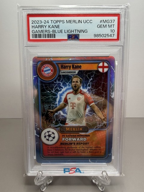 Topps Merlin UCC Harry Kane Merlin's Gamers Blue Lightning /75 PSA 10 POP 1