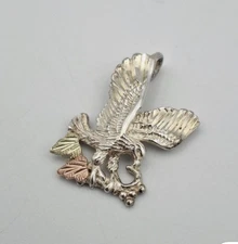 Black Hills Gold 925 Sterling Silver Tri-Tone Diamond-Cut Eagle & Leaf Pendant